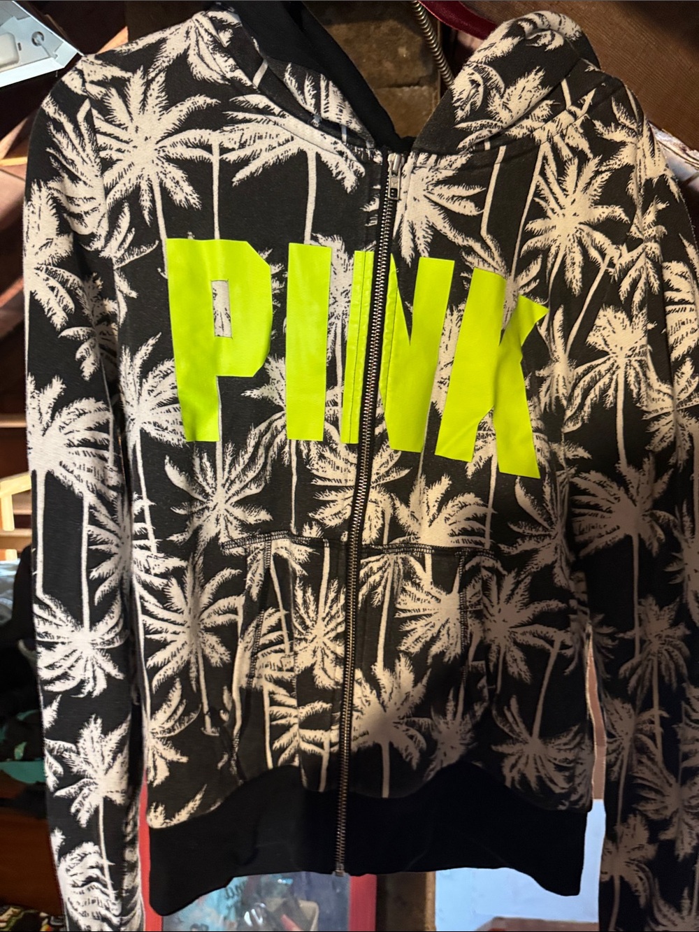 PINK Victoria's Secret ltd edt Black Palm-Print Zip Hoodie with Neon Logo
